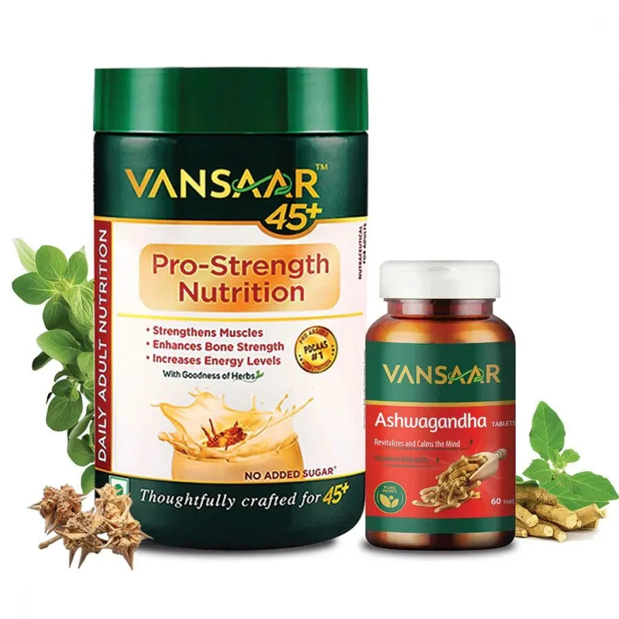 Strength & Immunity Duo: 45+ Pro-Strength Nutrition 400g & Ashwagandha 60 Tablets - Vansaar